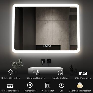 Дзеркало для ванної кімнати з підсвічуванням та годинником Boromal, 80x60 см, диммування, 3 кольори світла (3000-6500K), 2940LM