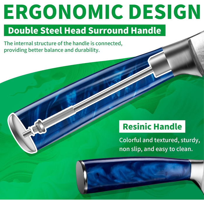 Набір кухонних ножів Fullhi 14 предметів з бруском, набір кухонних ножів, ножі для стейку, кольорова ручка, подарунок для чоловіків та жінок (блакита смола, 14 шт.)