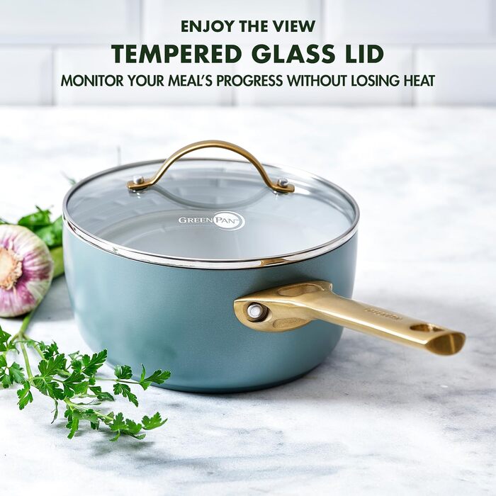 Каструля GreenPan Padova Reserve з нержавіючої сталі з антипригарним покриттям Hartelox, 18 см, 2 л, з кришкою з термостійкого скла, без PFAS, для індукційних плит, з золотим ручками, придатна для миття в посудомийній машині та випікання, колір Димчастий 
