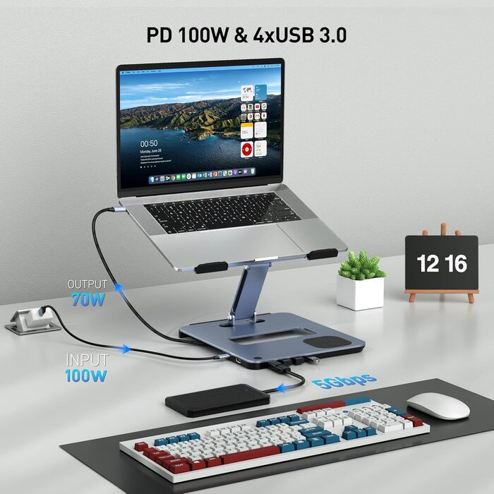 Підставка для ноутбука BENFEI з алюмінію з USB-C док-станцією 6в1, 15W Mag-Safe зарядкою, USB 3.0 KVM Switch, HDMI 4K@60Hz, 4*USB3.0, 100W PD для MacBook Pro/Air iPad Pro XPS Thinkpad
