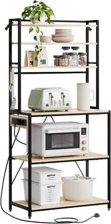 Кухонна полиця WOLTU з 6 ярусами, з розетками, для мікрохвильової печі, з металевим каркасом, регульовані полиці, Чорний+Рустикальний коричневий, 60 x 167 x 40 см