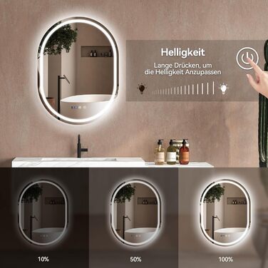 Дзеркало для ванної кімнати YOURLITE з підсвічуванням, кругле, 60 см, LED, 3 кольори, диммування, сенсорне управління, антизапар, пам'ять, IP44, овальне