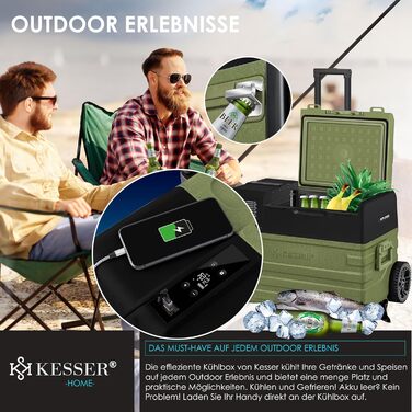 Автомобільний компресорний холодильник KESSER 42L з Wi-Fi, 12/24/230V, до -20°C, з колесами та телескопічною ручкою для кемпінгу, фургонів, вантажівок + 2 акумулятори холоду (52л, Хакі)