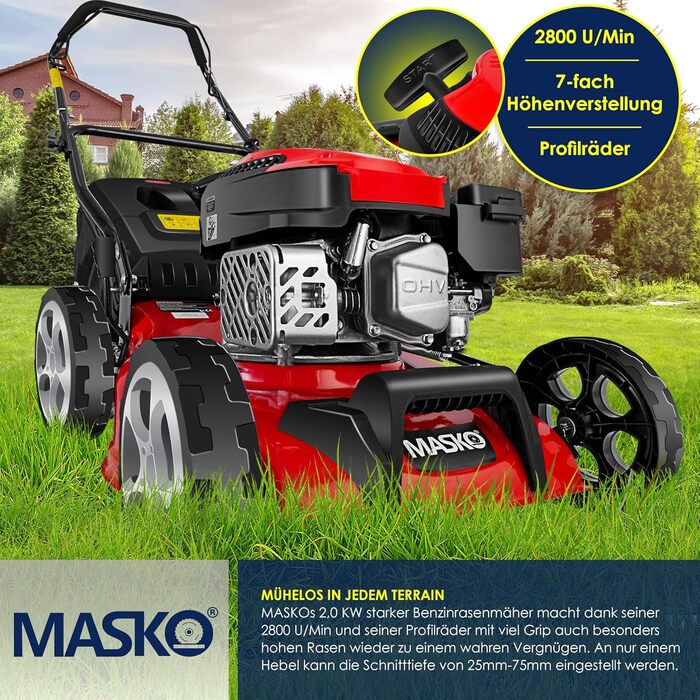 Бензиновий газонокосарка MASKO® 5in1 | Ширина косіння 51 см | 8 положень висоти стрижки | 4-тактний OHV двигун 6.0 PS | Об'єм кошика 65 л | В комплекті: комплект для мульчування, боковий викид (ширина 42 см)