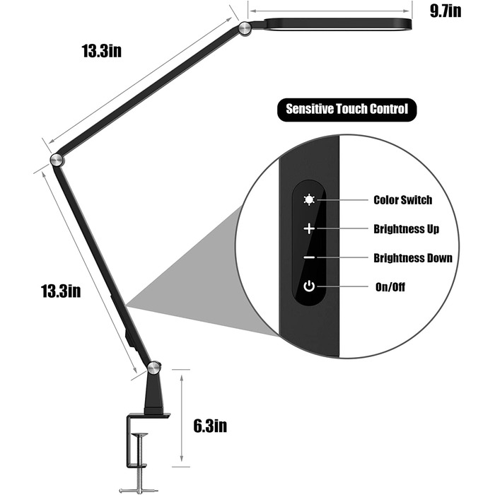 Настільна лампа, jkswt для догляду за очима, регульована настільна лампа з поворотним кронштейном з затискачем, 72 світлодіода, 5 колірних режимів, 5 рівнів яскравості Настільна лампа, офісна лампа з функцією пам'яті і сенсорним управлінням, чорний