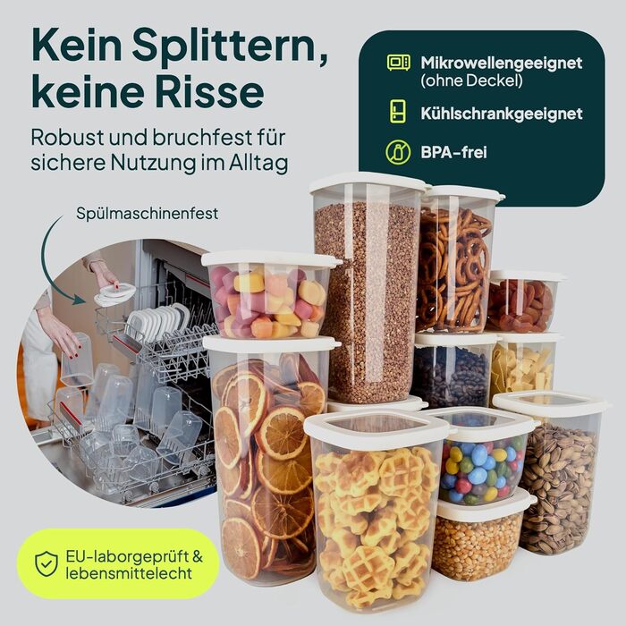 Контейнери для зберігання Uandu з кришкою, герметичні - набір 24 шт. | Контейнери для кухні, органайзери для зберігання | Без BPA | Організатор для кухні | Контейнери для сухих продуктів (12x550 мл, білий)