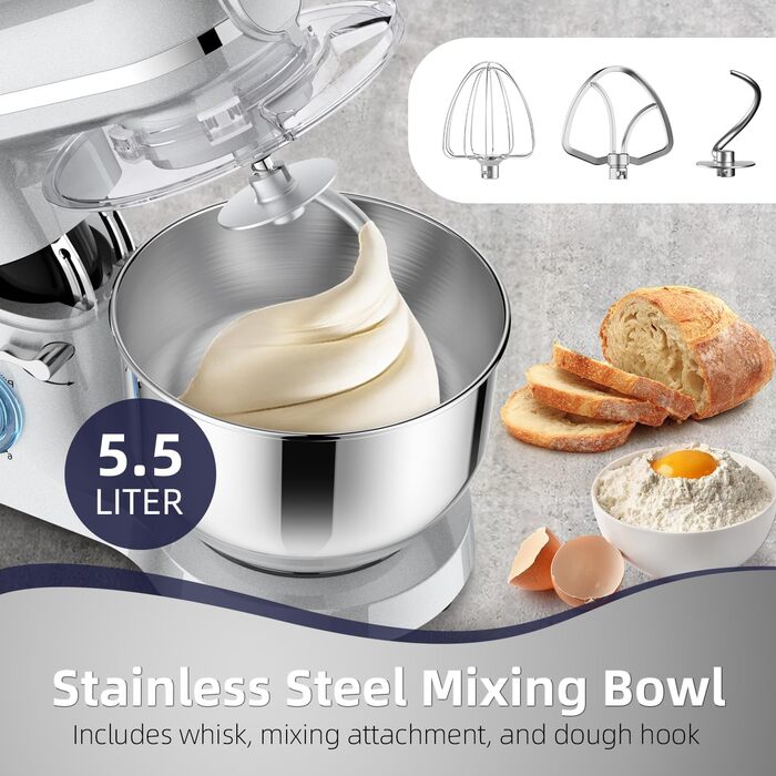 Універсальна кухонна машина 2000W 3-в-1 з м'ясоподрібником, соковитискачем та міткою, 5.5л чаша, срібна