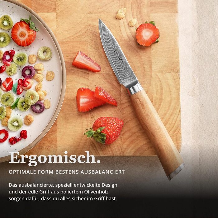 Ніж кухонний Wakoli з дамаської сталі (VG10) з 20 см лезом – гострий та збалансований – ніж з ручкою з оливкового дерева в подарунковій коробці – ніж кухарський для професіоналів та любителів (ніж для шаткування)