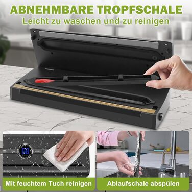 Вакууматор для продуктів 7 в 1, професійний вакуумний пакувальник з подвійним швом, цифровим таймером та різаком, комплект з 50 пакетами (Чорний)