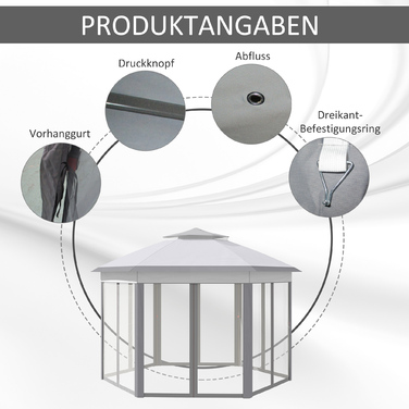Павільйон шестигранний 4x4 м, сітка-навіс, водовідштовхувальне покриття, вентиляційне дах, сірий+білий