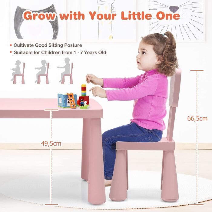 Дитячий столик LIFEZEAL з 2 стільцями, рожевий. Дитяча меблі з пластику, стіл і стільці для дівчаток та хлопчиків