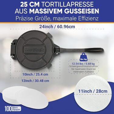 Пресс для тортилій зі сталі StarBlue 10 дюймів (25 см) з 100 шт. паперу для випікання та електронною книгою з рецептами - для приготування чіпаті, тортильї, роті