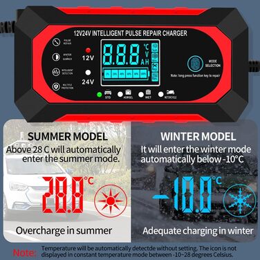 Зарядний пристрій для автомобільного акумулятора 10 А, 12 В/24 В, інтелектуальний зарядний пристрій з температурною компенсацією (червоний)