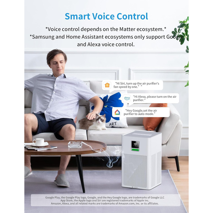 Повітряочисник з HEPA фільтром H13, сумісний з Matter, Apple Home, Alexa, Google Home, Home Assistant, ароматерапія, еко-режим, 62 м²