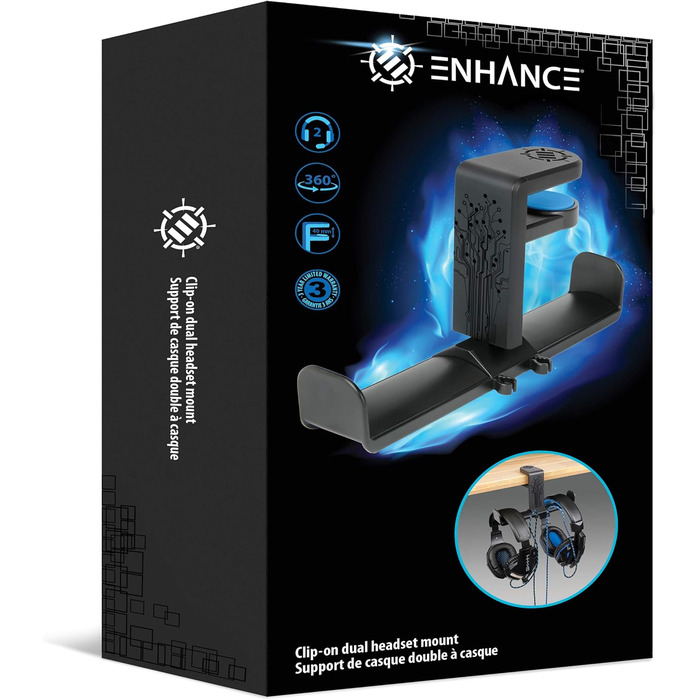 ENHANCE Підставка для двох ігрових навушників, настільний тримач з регульованим кріпленням 360°, універсальна сумісність
