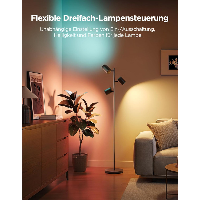 Світлодіодна підлогова лампа Govee 3-Flammen RGBWW, Matter, 1500lm, сумісна з Alexa, 64+ сцени, синхронізація з музикою, 157см, чорна для вітальні, спальні, кабінету