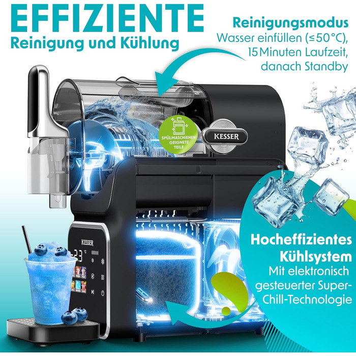KESSER® Машина для приготування сляшу вдома - Сляш-мейкер 2L - для сляшу, коктейлів, фраппе, молочних коктейлів та замороженого соку - за 25 хв та з 6 програмами - в комплекті 3 стаканчика та книга рецептів, (2 літри, Чорний)