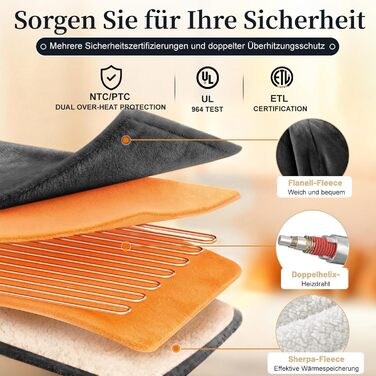 Електрична гріюча ковдра з таймером та захистом від перегріву 130x180 см, 8 режимів нагріву, пральна машина, фланцель-шерпа, сіра для дому та офісу