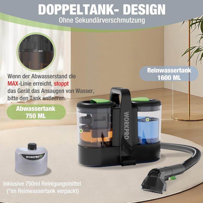 WORKPRO Мийний пилосос 450W 13kPa, 1.6L з миючим засобом та 2 насадками, для килимів, диванів, авто