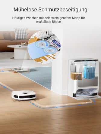 Робот-пилосос EUREKA J12 Ultra з функцією миття підлоги (самостійне очищення, прання та сушка), потужність всмоктування 5000Pa, обертова функція миття, Dual-LiDAR навігація, 3D уникнення перешкод, білий