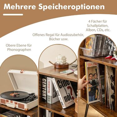 Підставка для програвача COSTWAY з зарядкою, 3-рівнева, для зберігання вінілових платівок з полицею та 4 роздільниками, 48 x 40 x 88 см (індустріальний стиль)