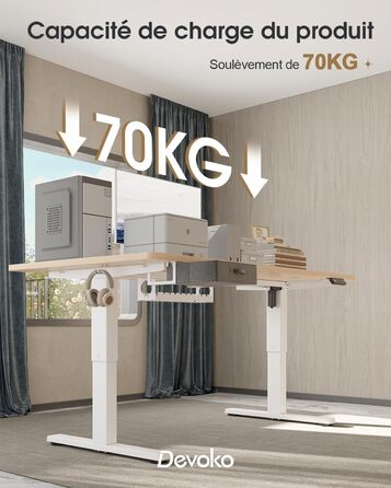 Регульований стіл Devoko: електричний, 140x80 см, з ящиками, USB-порт, органайзер для кабелів, стоячий стіл з пам'яттю, білий
