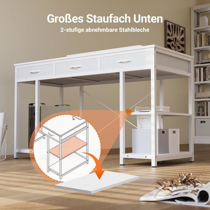 Комп'ютерний стіл Claiks з 3 шухлядами, 120 x 60 см, з полицею, 2 розетки та 2 USB-порти, для офісу та дому, білий