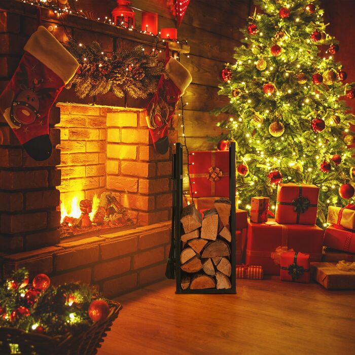 Стильна полиця для дров Relaxdays чорного кольору з місцем для столових приборів