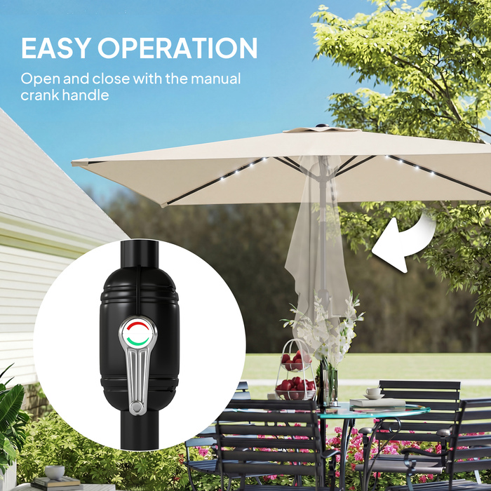 Сонячний парасоль з LED-підсвіткою, приблизно 300 x 200 см, регульований нахил, балконний парасоль з ручним механізмом, захисний чохол, захист від ультрафіолету, поворотний, кремово-білий