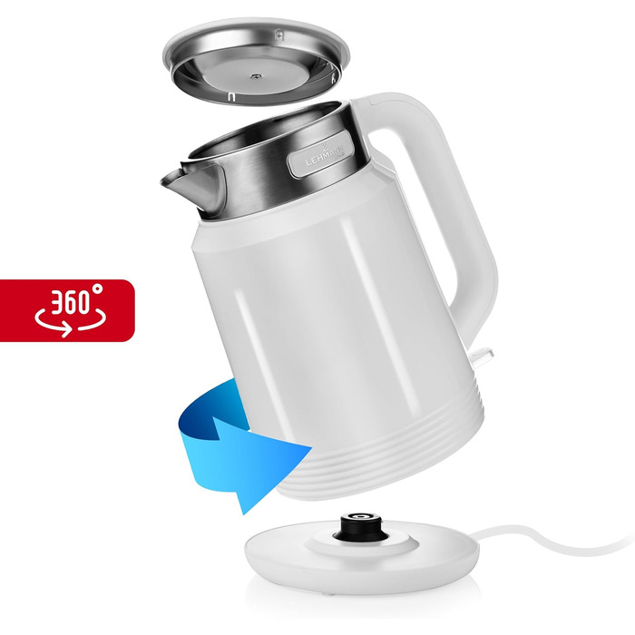 Електричний чайник Lehmann Edelstahl 2L, 2200W з подвійними стінками, автоматичним відключенням та захистом від перегріву, BPA-free, для великих сімей та офісів (Білий)