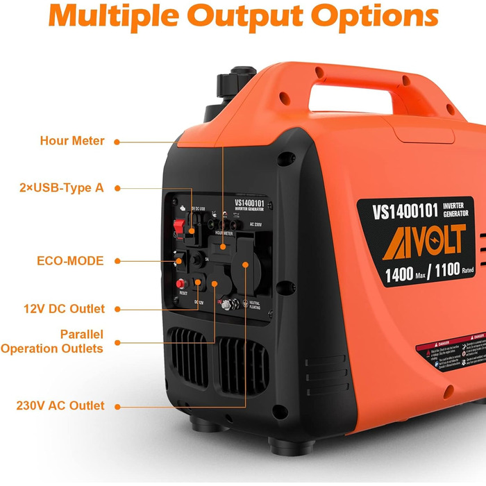 Інверторний генератор AIVOLT 1400W: бензиновий, тихий, для кемпінгу, фестивалів та дому. 2 USB, 12V DC та 230V розетки