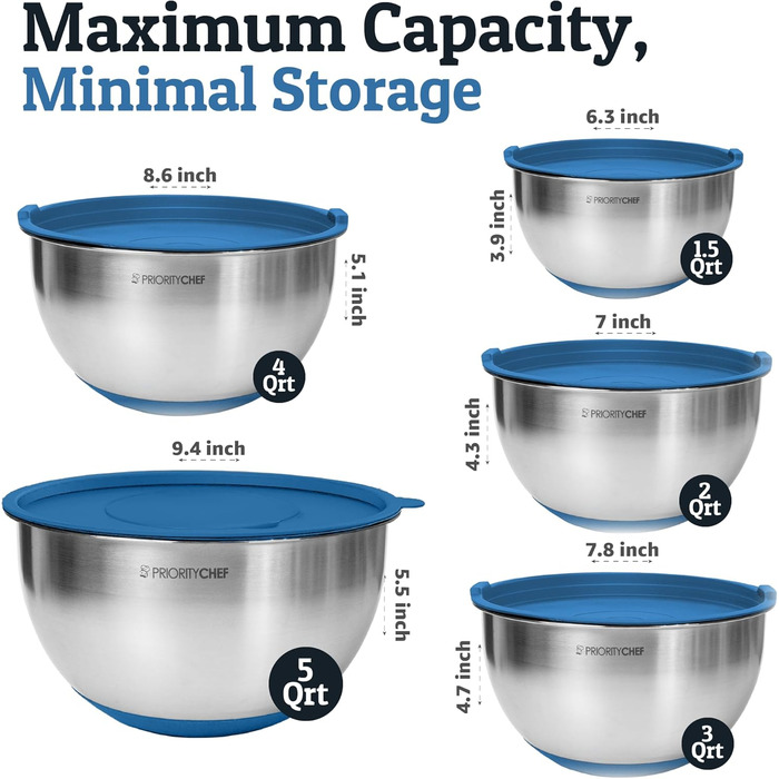 Набір мисок для змішування PriorityChef з нержавіючої сталі з кришками, 3 тертки, герметичні кришки, силіконова антиковзаюча основа, великі миски для приготування їжі, зелений (блакитний)