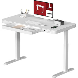 Електричний регульований стіл Sanodesk з ящиком, сенсорним керуванням та USB-портами, 120 x 60 см, білий колір, білий каркас, висота 73.5-118 см
