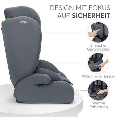 Автокрісло KikkaBoo 9-36 кг i-PASS, група 1/2/3, i-Size, 15 місяців - 12 років, сірий колір