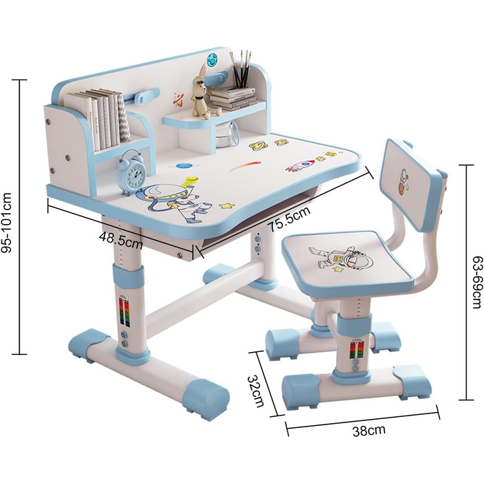 Дитячий набір стільців для письмового столу з регульованим по висоті мультяшним малюнком, ергономічний, синій, в т.ч. книжкова полиця
