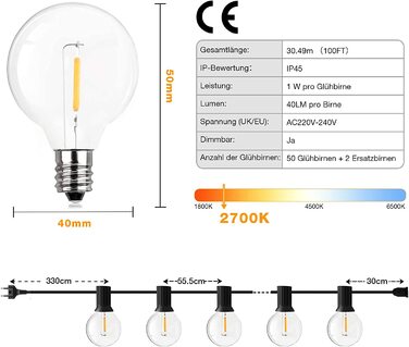 Вуличні гірлянди, вуличні гірлянди GPATIO 7,62 м з живленням від 12 Пластикова лампа, світлодіодні гірлянди G40 водонепроникні для вечірки в саду, весільного декору і т. д. (Теплий білий, 30,48 метра)