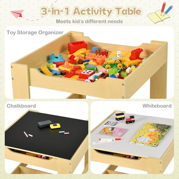 Дитячий меблевий набір GOPLUS 3в1: стіл та 2 стільці, дерев'яний, з місцем для зберігання, для дому, жовтий