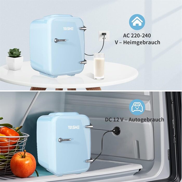 Міні-холодильник YASHE 4L, блакитний: для косметики, напоїв, 220V/12V, термоелектричний, для дому, офісу, авто