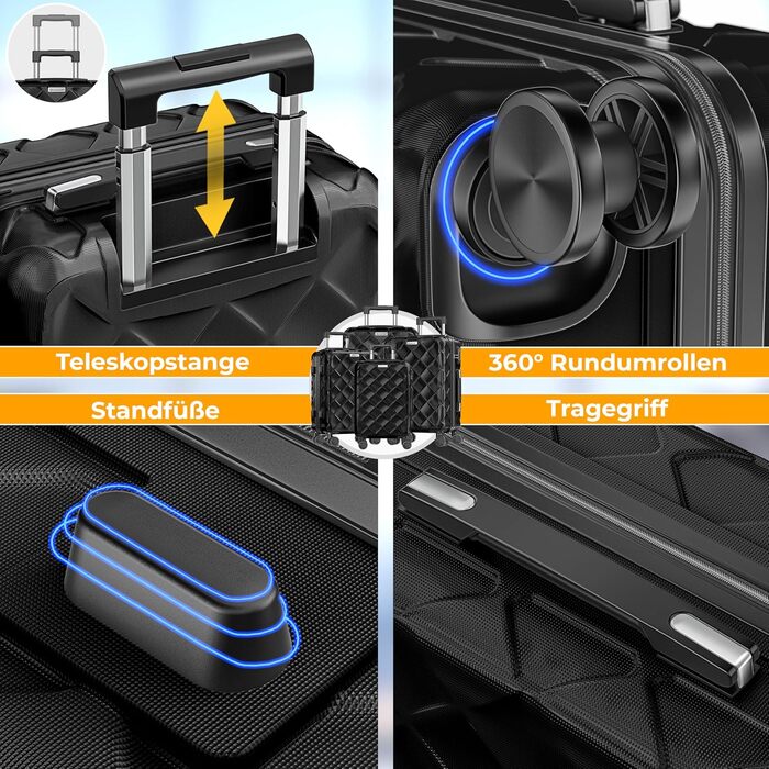 Набір валіз KESSER з 4 предметів, жорсткий корпус ABS, кодовий замок, ваги для багажу та дорожня сумка, колеса 360°, чорний