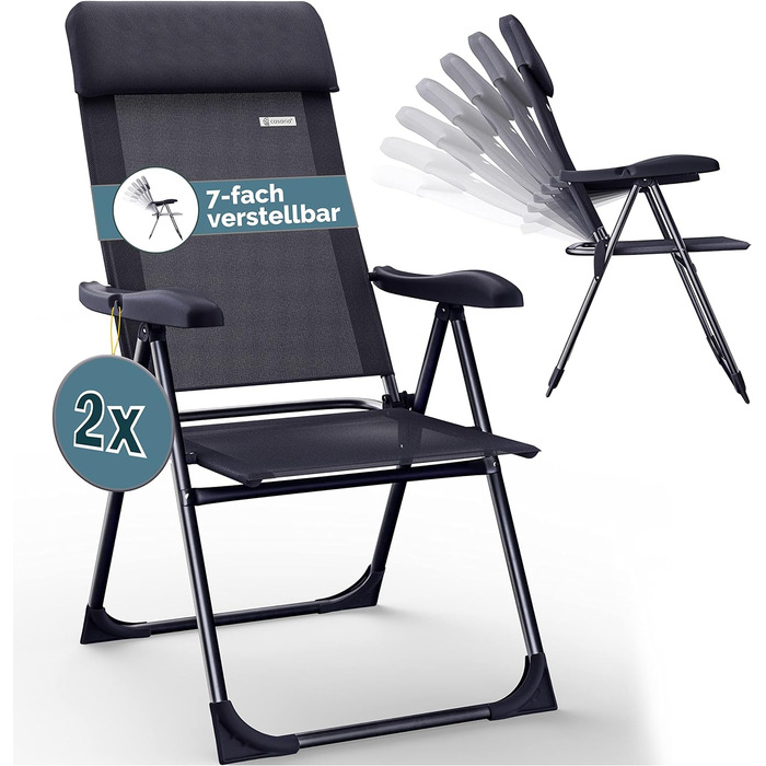Садові стільці Casaria Складний 7-позиційний регульований алюміній з високою спинкою Функція відкидання Складне балконне крісло для кемпінгу Розкладне крісло з високою спинкою (набір з 2 шт. , антрацитовий чохол / чорний каркас)