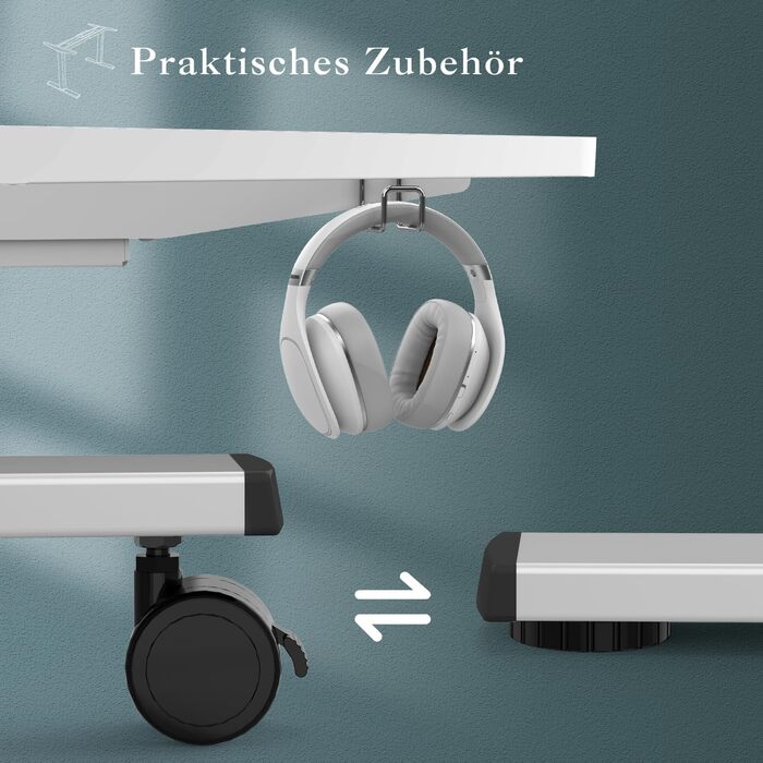 Регульований стіл JUMMICO з USB-роз'ємом та кабельною масою, електричний, з плавним регулюванням висоти, на коліщатках (білий)