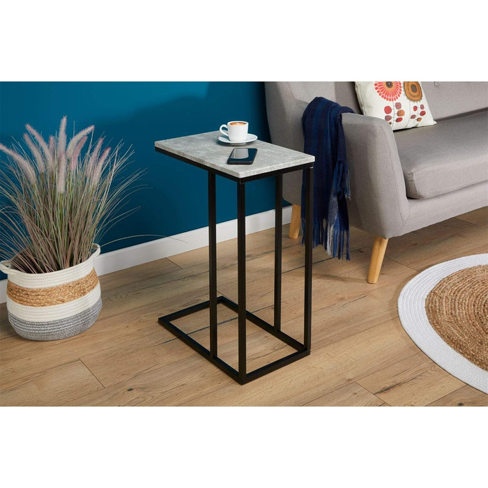 Практичний стіл для вітальні в С-подібній формі, красивий журнальний столик Стільниця прямокутна в елегантному диванному столику з металевим каркасом (бетонний вигляд/чорний)