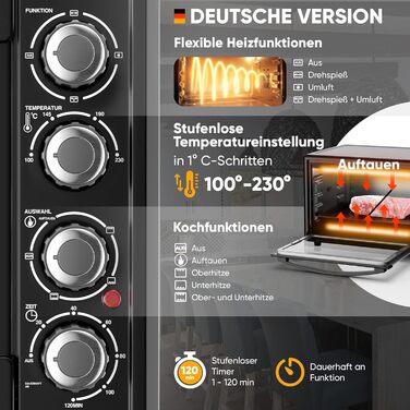 Міні-піч Stillstern 45L з конвекцією (Umluft) для піци Ø32 см, CYCLONE PRO+ антипригарне покриття, розморожування, таймер 2 год, міні-піч для кемпінгу, гриль з насадкою для курки