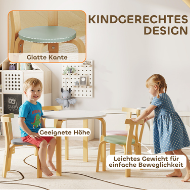 Набір дитячого столу та стільців на 5 місць, легкий, з масиву дерева, яскравих кольорів