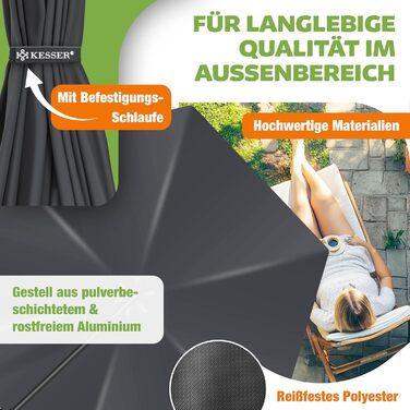 Парасолька від сонця KESSER Ø 350 см, підвісна модель з рукою-кранцем для тераси, балкона та саду, алюмінієвий стійкий каркас, UV-захист, водонепроникна та вітростійка, поворот на 360°, антрацит