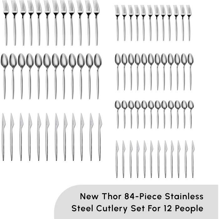 Karaca Thor Набір столових приборів з нержавіючої сталі (84 шт.) для 12 осіб - ніж, виделка, ложка. Блискучі ножі та виделки. Кухонний набір столових приборів