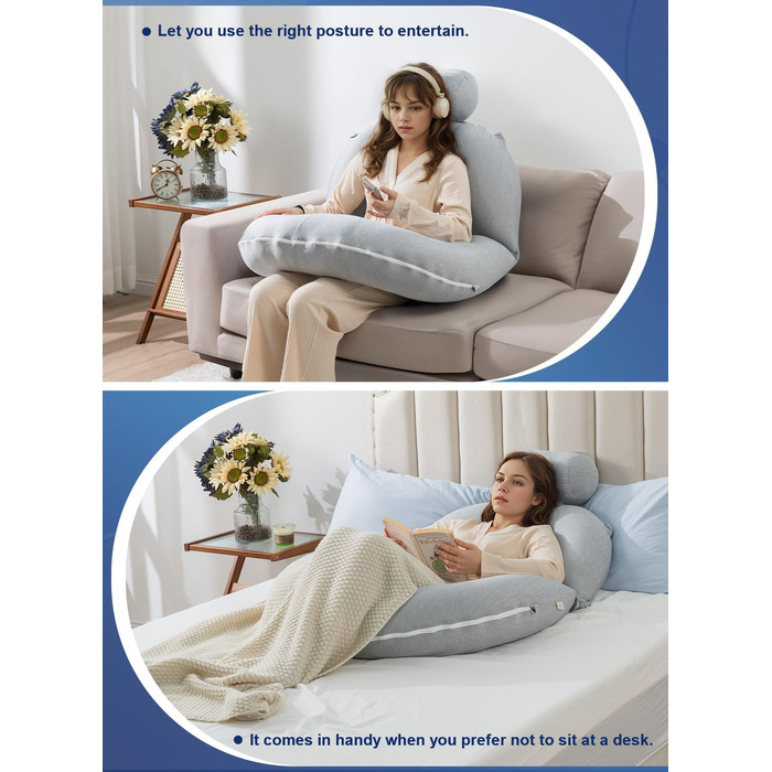 Підкова для читання INSEN: спинка для сидіння в ліжку, для читання, відпочинку, мам та дітей. Охолоджуюча підкова сірого кольору з охолоджуючими смугами