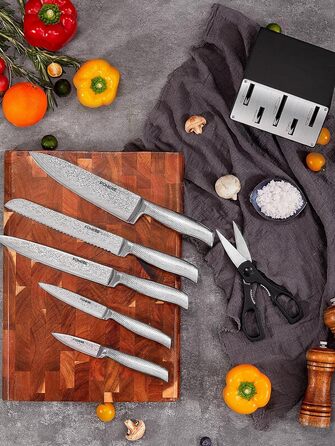 Набір ножів FOHERE 7 предметів з автозаточкою, професійний кухонний набір, з дерев'яним блоком, нержавіюча сталь, ергономічні ручки, ідеальний подарунок