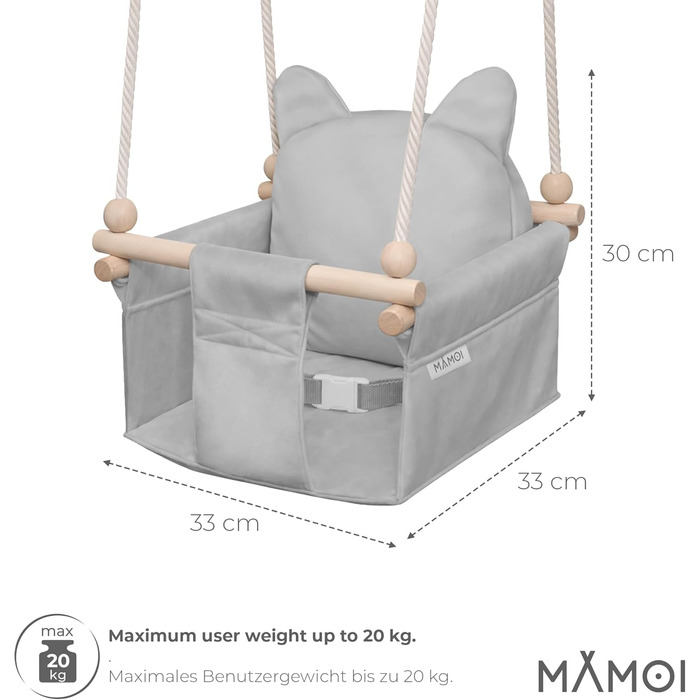 Дитяча гойдалка-колиска MAMOI з ременем безпеки, регульована висота 150-190 см, для дому, стійка конструкція, велюрове сидіння, легкий монтаж, світло-сіра