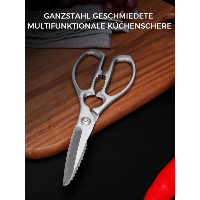 Кухонні ножиці важкі – з нержавіючої сталі 3Cr14, міцні для м'яса, птиці та овочів, з відкривачем пляшок, придатні для миття в посудомийній машині, 22,8 см, 5 років гарантії, сріблястого кольору